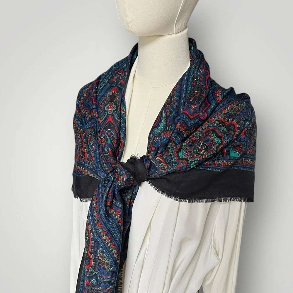 Vintage late 90s Paisley Scarf in Blue & Red Boho Glam Heritage Revival Chic 46”